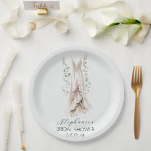 Watercolor Eucalyptus & White Dress Bridal Shower  Paper Plate