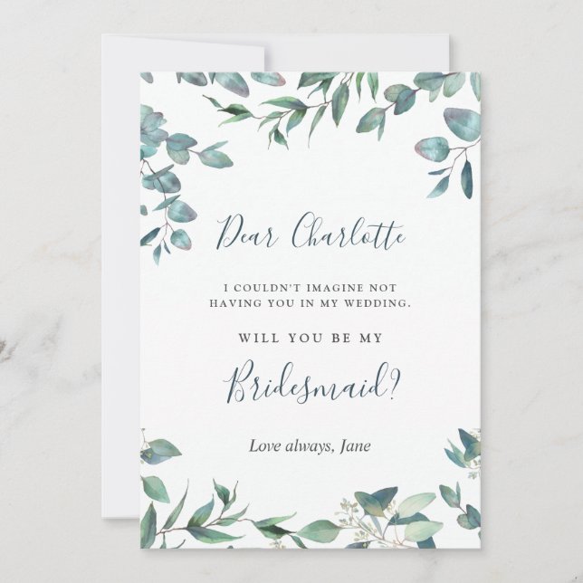 Watercolor Eucalyptus Will You Be My Bridesmaid Invitation (Front)