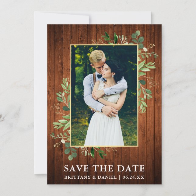 Watercolor Eucalyptus Wood Save The Date Card (Front)