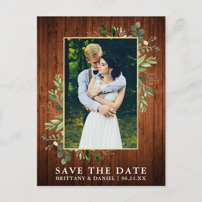 Watercolor Eucalyptus Wood Save The Date Postcard (Front)