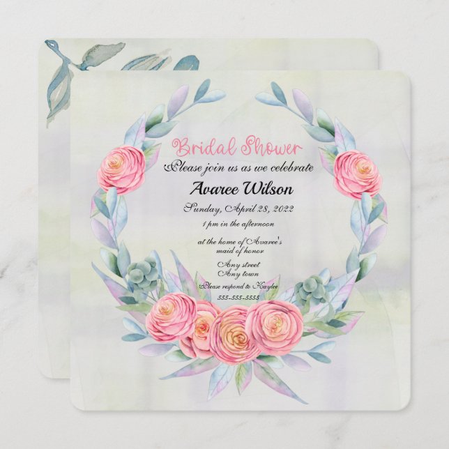 Watercolor Eucalyptus Wreath and Pink Roses Invitation (Front/Back)