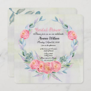 Watercolor Eucalyptus Wreath and Pink Roses Invitation