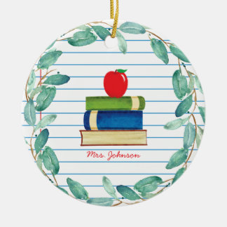 Watercolor Eucalyptus Wreath Apple Books Teacher Ceramic Tree Decoration
