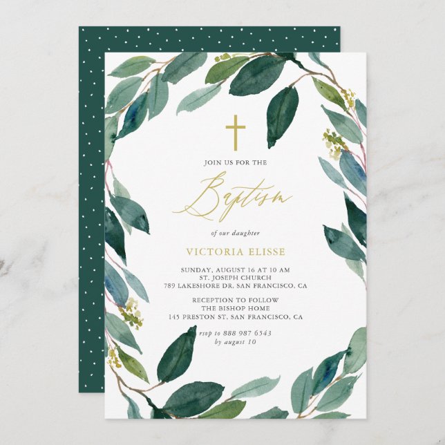 Watercolor Eucalyptus Wreath Baptism Invitation (Front/Back)