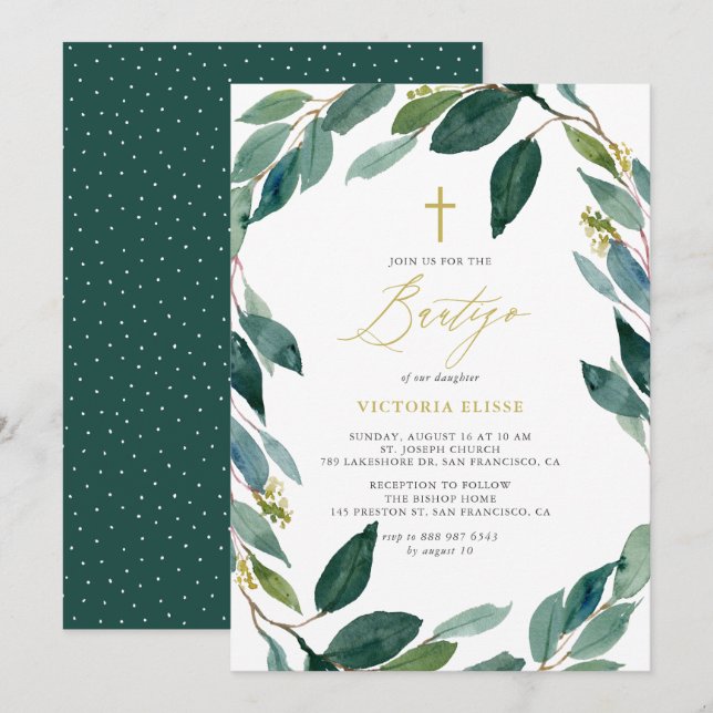Watercolor Eucalyptus Wreath Bautizo Invitation (Front/Back)
