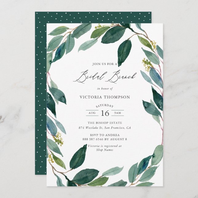 Watercolor Eucalyptus Wreath Bridal Brunch Invitation (Front/Back)