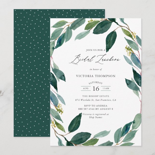 Watercolor Eucalyptus Wreath Bridal Luncheon Invitation (Front/Back)