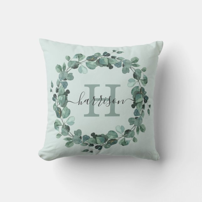 Watercolor Eucalyptus Wreath Greenery Monogram Cushion (Front)