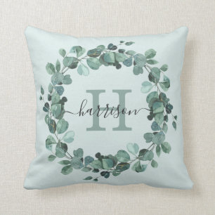 Watercolor Eucalyptus Wreath Greenery Monogram Cushion