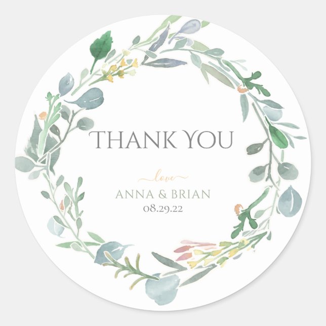 Watercolor Eucalyptus Wreath Greenery Wedding Classic Round Sticker (Front)