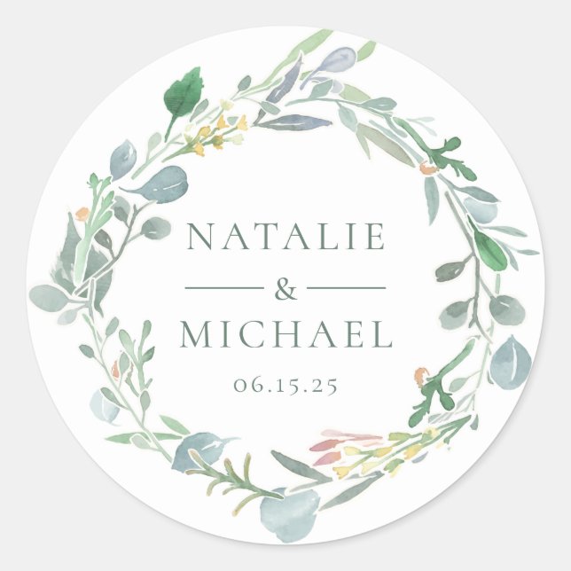 Watercolor Eucalyptus Wreath Greenery Wedding Classic Round Sticker (Front)