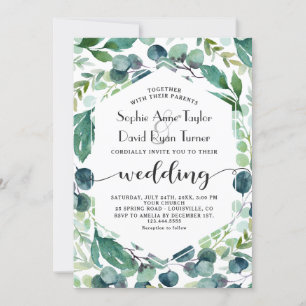 Watercolor Eucalyptus Wreath Handwriting Wedding Invitation