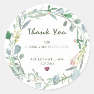 Watercolor Eucalyptus Wreath Wedding Thank You Classic Round Sticker