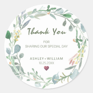 Watercolor Eucalyptus Wreath Wedding Thank You Classic Round Sticker