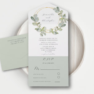 Watercolor Eucalyputus Greenery & Gold Wedding All In One Invitation