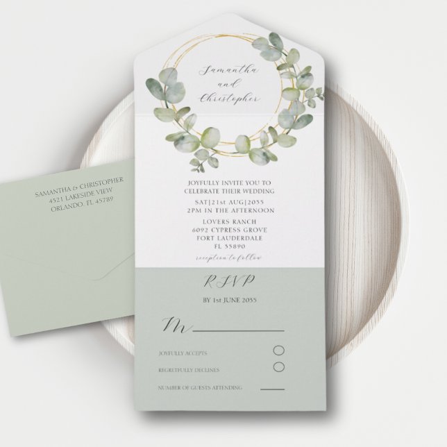 Watercolor Eucalyputus Greenery & Gold Wedding All In One Invitation (Creator Uploaded)
