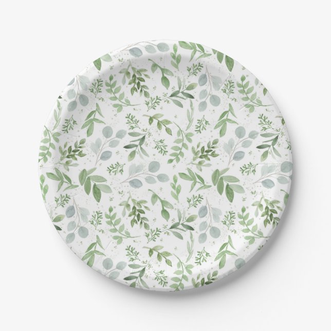 Watercolor Eucalytus and Greenery Pattern Paper Plate (Front)
