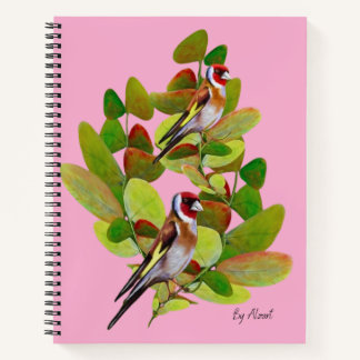 Watercolor European Goldfinch Birds and Autumn Lea Notebook