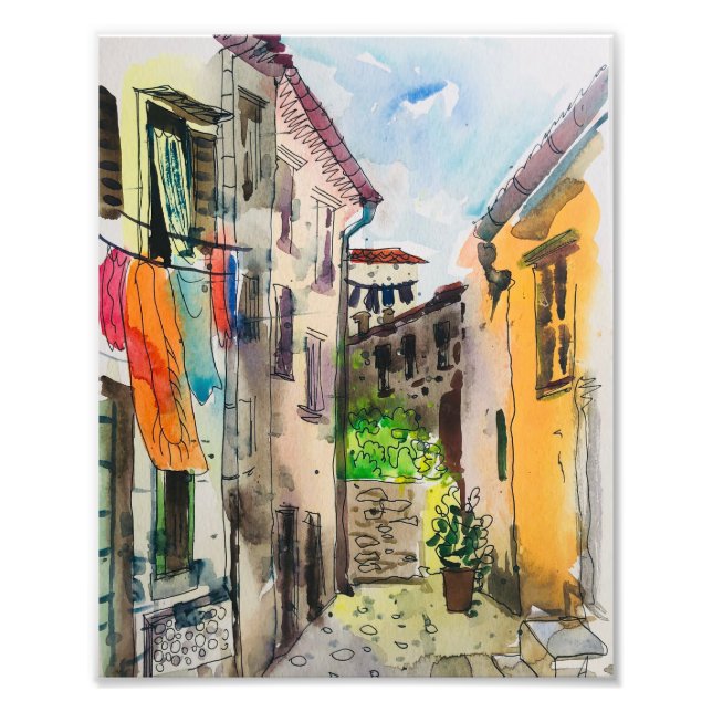 Watercolor, European mediaeval city Photo Print (Front)