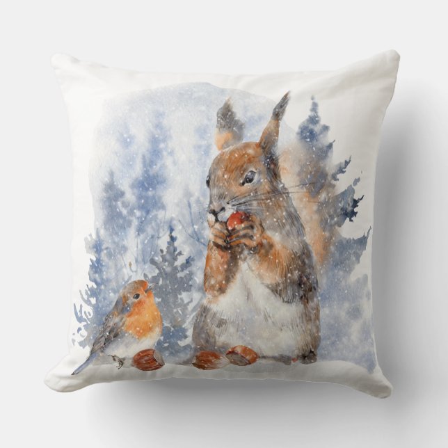 Watercolor European Squirrel and Bird Winter Scene Cushion (Front)