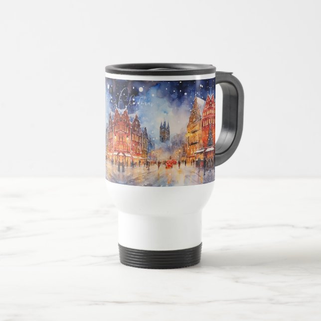 Watercolor European Winter Cityscape Christmas Travel Mug (Front Right)