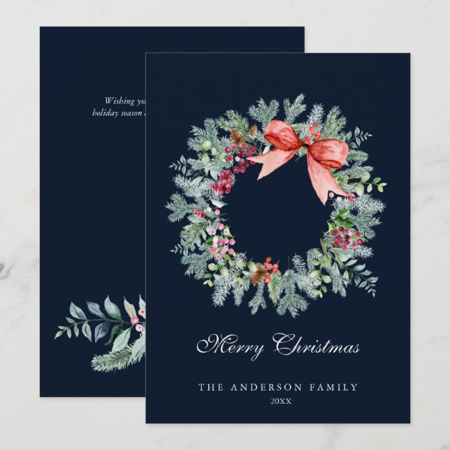 Watercolor Evergreen and Holly Berries Wreath Blue Holiday Card (Front/Back)