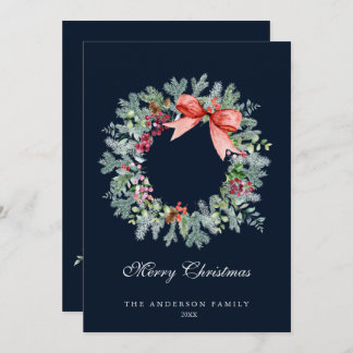 Watercolor Evergreen and Holly Berries Wreath Blue Holiday Card
