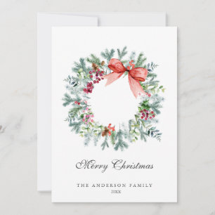 Watercolor Evergreen and Holly Berries Wreath Holiday Card