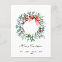 Watercolor Evergreen and Holly Berries Wreath