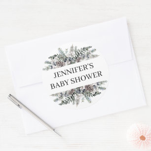 Watercolor evergreen baby shower classic round sticker