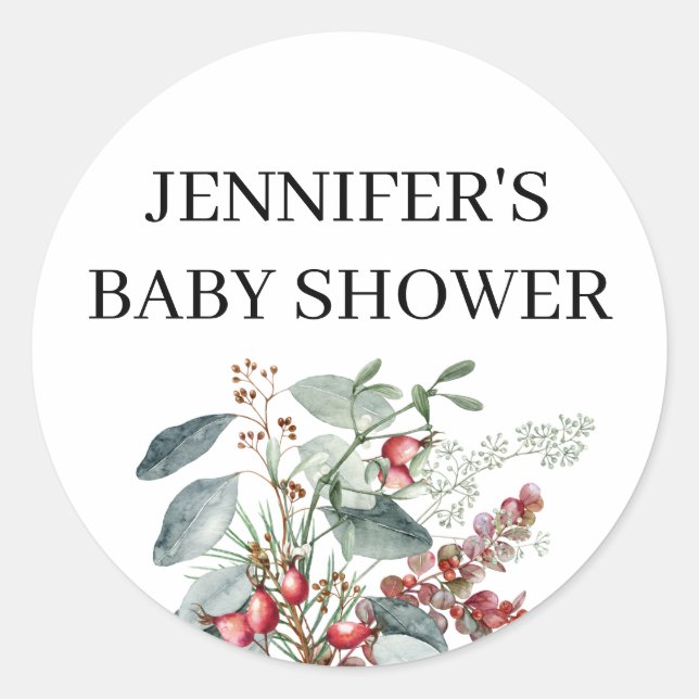 Watercolor evergreen baby shower classic round sticker (Front)