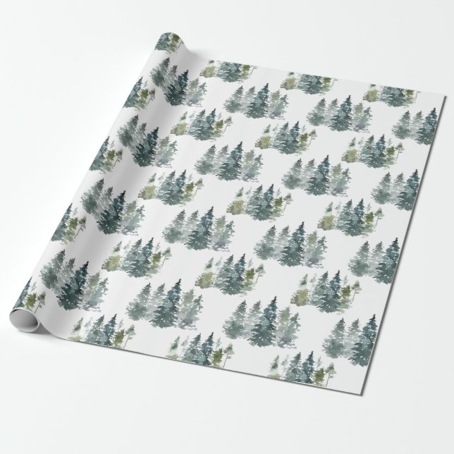 Watercolor Evergreen Christmas Tree Holiday Gift Wrapping Paper (Unrolled)