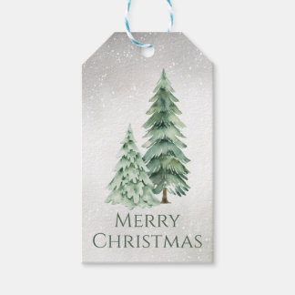 Watercolor Evergreen Christmas Trees on Gray Gift Tags