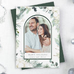 Watercolor Evergreen & Cotton Flowers Arch Photo Holiday Card<br><div class="desc">This Christmas | Holiday card features hand-painted Christmas greenery,  cotton flowers accomplished with golden and watercolor textures and a green background on the back.</div>