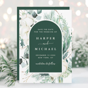 Watercolor Evergreen & Cotton Flowers Arch Photo Save The Date