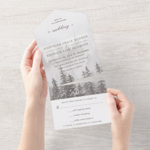 Watercolor Evergreen Forest in Grey Beige Wedding All In One Invitation