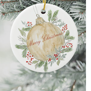 Watercolor Evergreen Golden Christmas  Ceramic Tree Decoration