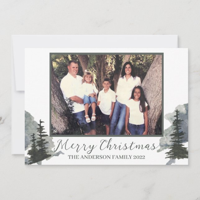 Watercolor Evergreen Mountain Scene Holiday  Thank You Card (Front)