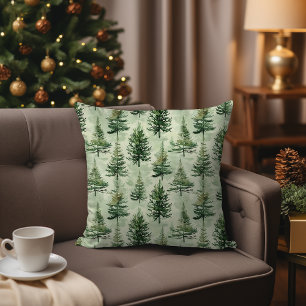 Watercolor Evergreen Pine Trees Rustic Christmas Cushion