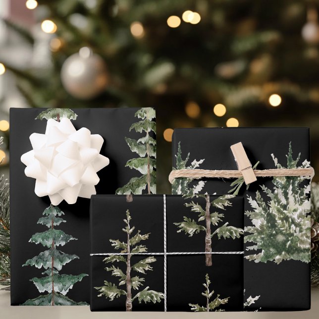 Watercolor Evergreen Trees on Black Rustic  Wrapping Paper Sheet (Creator Uploaded)