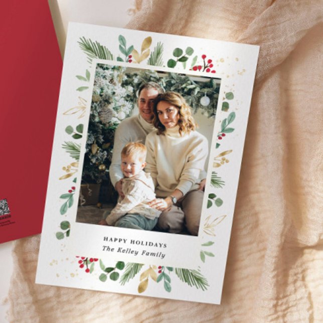 Watercolor Evergreens, Green Gold, Single Photo Holiday Card (Creator Uploaded)