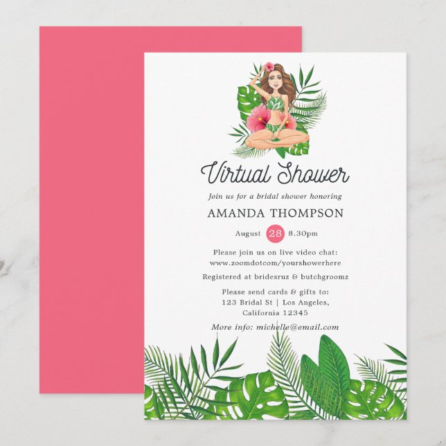 Watercolor Exotic Aloha Luau Virtual Bridal Shower Invitation (Front/Back)