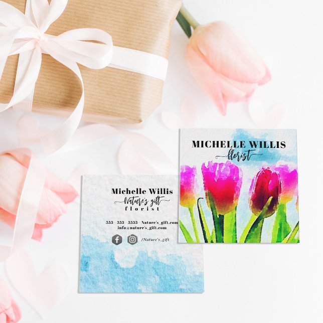 Watercolor Expressionist Pink Tulips Florist  Square Business Card (Creator Uploaded)