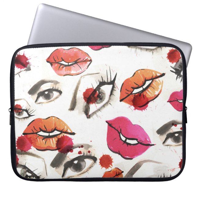 Watercolor Eyes & Lips Pattern Laptop Sleeve (Front)