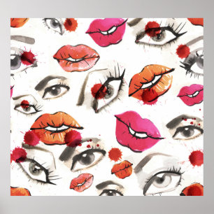 Watercolor Eyes & Lips Pattern Poster