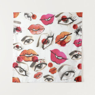 Watercolor Eyes & Lips Pattern Tapestry