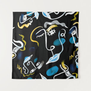 Watercolor faces and geometric shapes abstract ill tapestry