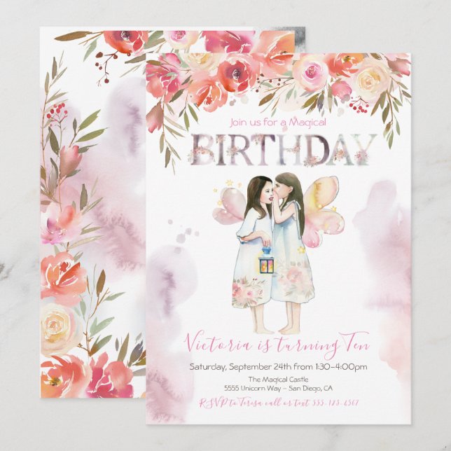 Watercolor Fairy Birthday Invitation (Front/Back)