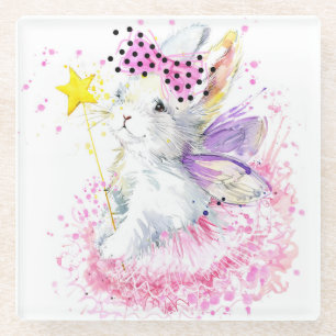 Watercolor Fairy Bunny Glass Coaster