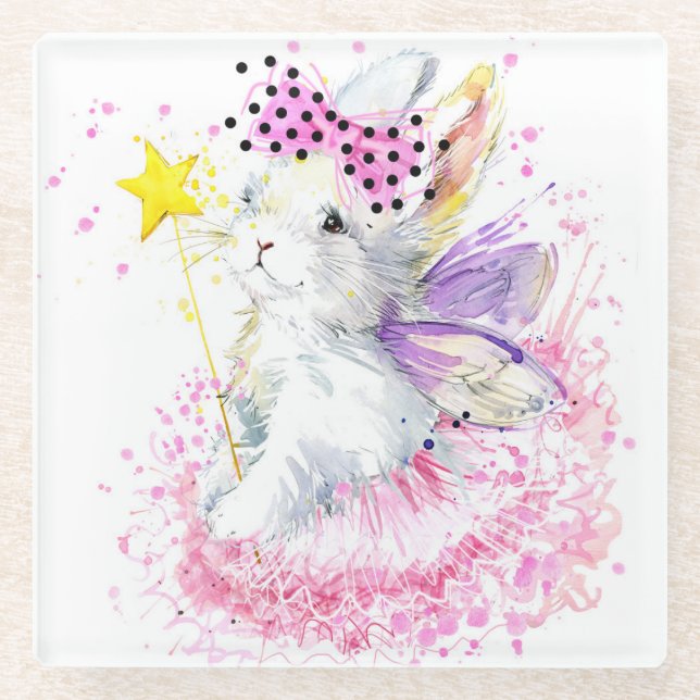 Watercolor Fairy Bunny Glass Coaster (Front)